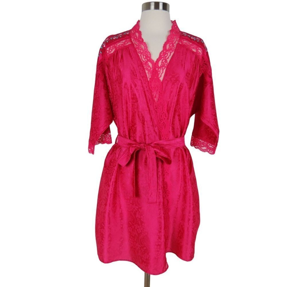 Vintage STARDUST 70s 80s Bright Magenta Pink Floral Embroidered Lace Robe L